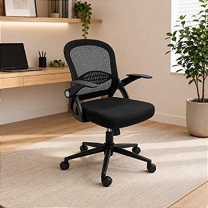 Cadeira de Escritório Ergonômica Giratória Preta com Braços Rebatíveis e Encosto em Tela