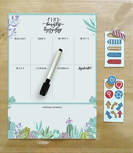 Planner Semanal Magnético + Caneta Escreve e Apaga - Suculentas