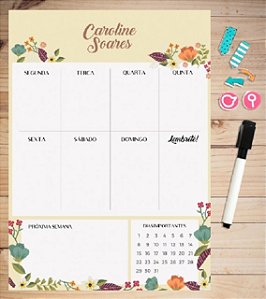 Planner Semanal Magnético + Caneta Escreve e Apaga - Floral Bege