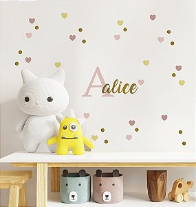 Kit de Adesivos de Parede - Inicial, nome, bolinhas e corações