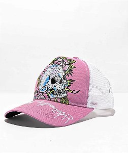 Boné Trucker Ed Hardy Rhinestone Skull "Pink & White"