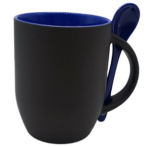 Caneca Mágica Preto Fosco C/ Colher Interior e Colher Azul (P/Sublimação)