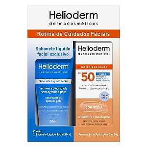 Kit Sabonete Líquido Facial Helioderm 50ml e Protetor Solar Facial FPS 50 Cor Média 50g