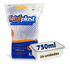 Potes Descartáveis Retangular com Tampa 750ml, TotalPlast, Freezer e Microondas, Transparente, 24 Unidades
