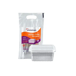 Potes Descartáveis Retangular com Tampa 250ml, Cristalcopo, Freezer e Microondas, Transparente, 25 unidades