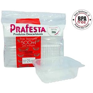 Potes Descartáveis Retangular com Tampa 500ml, PraFesta, Freezer e Microondas, Transparente, 24 Unidades