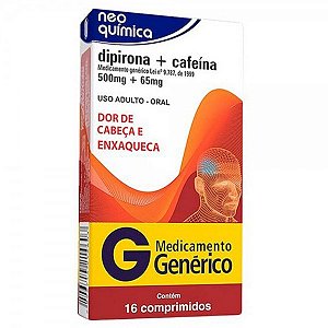 Dipirona Sódica 500mg + Cafeína 65mg Genérico com 16 Comprimidos