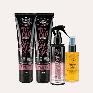 KIT SHAMPOO RECONSTRUTOR BIO RESTORE 300ML + MÁSCARA RECONSTRUTORA BIO RESTORE 300GR + LEAVE IN RECONSTRUTOR L’UDAX 200ML + ÓLEO DE TRATAMENTO CÁRTAMO OIL