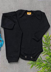 Conjunto body e calça canelados na cor preta