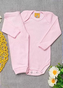 Conjunto body e calça canelados na cor rosa