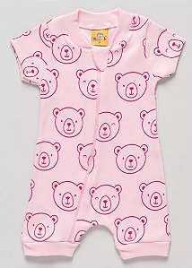 Macacão Curto Bebê Verão Suedine Urso Rosa