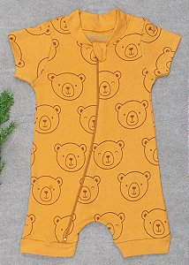 Macacão Curto Bebê Verão Suedine Urso Caramelo
