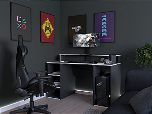 Mesa Gamer com Tampo Superior de Apoio e Prateleiras e Nicho Laterais - ZONE 136cm x 89cm x 60cm  GRAFITE INTENSO / BRANCO