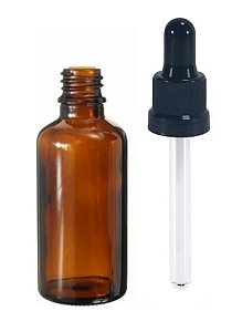 Frasco de vidro 30 ml com conta gotas de vidro.