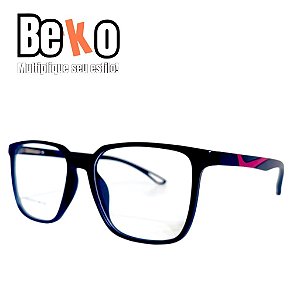 Armação TR90 Quadrada Preta Fosca Detalhe Rosa Unissex Leve | Beko