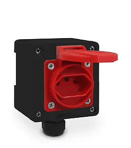 CAIXA BX COM TOMADA IND. DE 2P+T 20A P/ TRILHO DIN OU SOBREPOR VERMELHA SIBRATEC