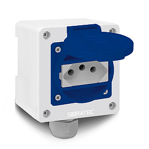 CAIXA BX COM TOMADA IND. DE 2P+T 20A P/ TRILHO DIN OU SOBREPOR AZUL SIBRATEC