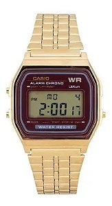 Relogio Vintage Digital Pulseira Aço Dourado Fundo Vinho Casio A159wgea-5Df-Sc