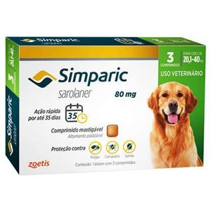 Antipulgas, Carrapatos e Sarnas Simparic 80mg Cães de 20,1 a 40kg - 3 Comprimidos