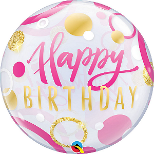 Balão Buble 22" Happy Birthday - Rosa e Dourado - 56 cm
