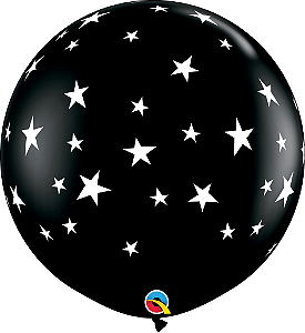 Balão Latex Redondo 3 Pés - Preto com Estrelas - Gigante