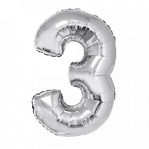 Balão Metalizado Número 3 - Prata - 70cm