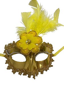 Máscara de veneza Amarelo Metalizada Luxo com 1 pena