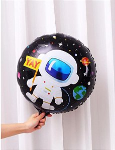 Balão metalizado decorado espaço astronauta redondo 45cm - Clube das Festas