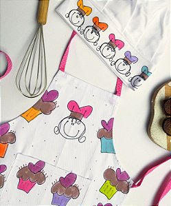 kit avental Infantil Mundo dos Cupcakes com Chapéu de Chef