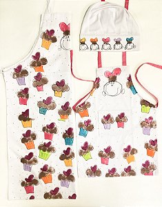 Kit Avental Família com 1 avental adulto + 1 avental Infantil COM CHAPÉU Cupcake colorido