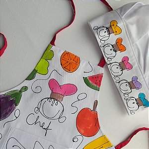 kit avental Infantil Horta Colorida com chapéu