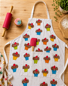 Avental Adulto em Brim de Algodão Estampa Cupcake Cereja – Andrea Milan