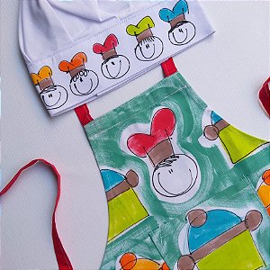 kit avental Infantil Chefinho de Panela verde mar com chapéu