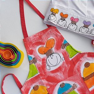 kit avental de Culinária Infantil Panela Vermelho Chapéu