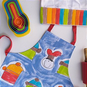 kit avental Infantil Chefinho de Panela Azul com chapéu
