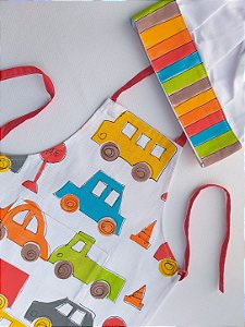 Kit Avental Infantil e Chapéu de Chef Estampa Carros Listrado – Andrea Milan