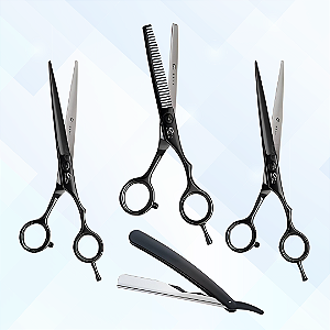 Conjunto de Tesouras Fio Navalha (6") + Laser (6")+ Desbaste (6") + Navalhete - UMI