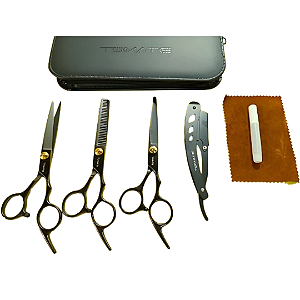Kit Jogo de 3 Tesouras Tomate (Fio navalha, laser e desbaste) + Navalhete + Estojo + Óleo