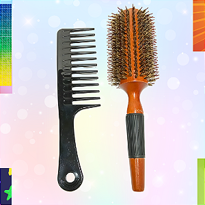 Kit Grandão Escova Madeira Bestool Mista Cerdas Sintéticas e Javali e Pente Desembaraçador de Ebonite Mofashi