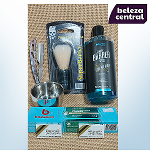Kit Barbear Total - Navalhete, Cumbuca, Pincel, Creme Bozzano, 10 Lâminas e Pós Barba Menthol da Infinity