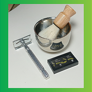Kit Barbear Cumbuca Tigela Aço Inox, Pincel e Aparelho de Barbear Mais 5 Lâminas