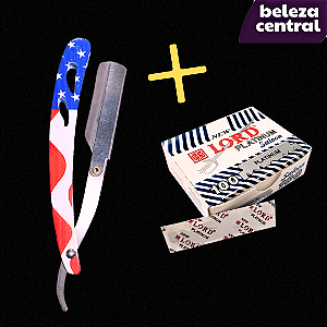 Navalhete Bandeira Americana Aço Inox + Caixinha Lord Platinum 100 Lâminas Cortadas