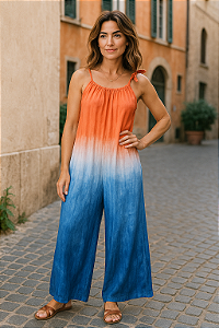 Macacão Pantalona Geribá Laranja/Azul Bic