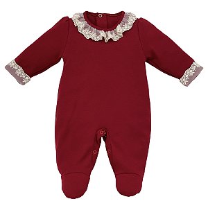 Macacão longo renda tule bordado gola e punhos bebê algodão egípcio