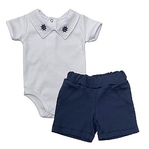 Conjunto body gola bordada com shorts bebê em algodão egípcio