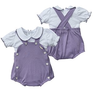 Jardineira romper com body picot bebê algodão egípcio