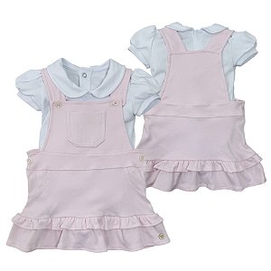 Jardineira vestido babados com body bebê algodão egípcio