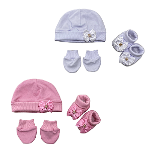 Kit touca, luva e sapatinho de laços em malha bebê