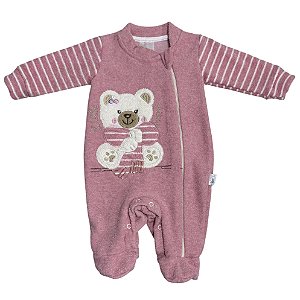 Macacão longo zíper bordado ursinha em boucle bebê