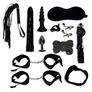 Kit BDSM 11 peças Chicote Mordaça Venda Colar Guia Corda Algemas Vibrador Plug Anal corda Prendedor de Mamilo (Mão Tornozelo e Pescoço)